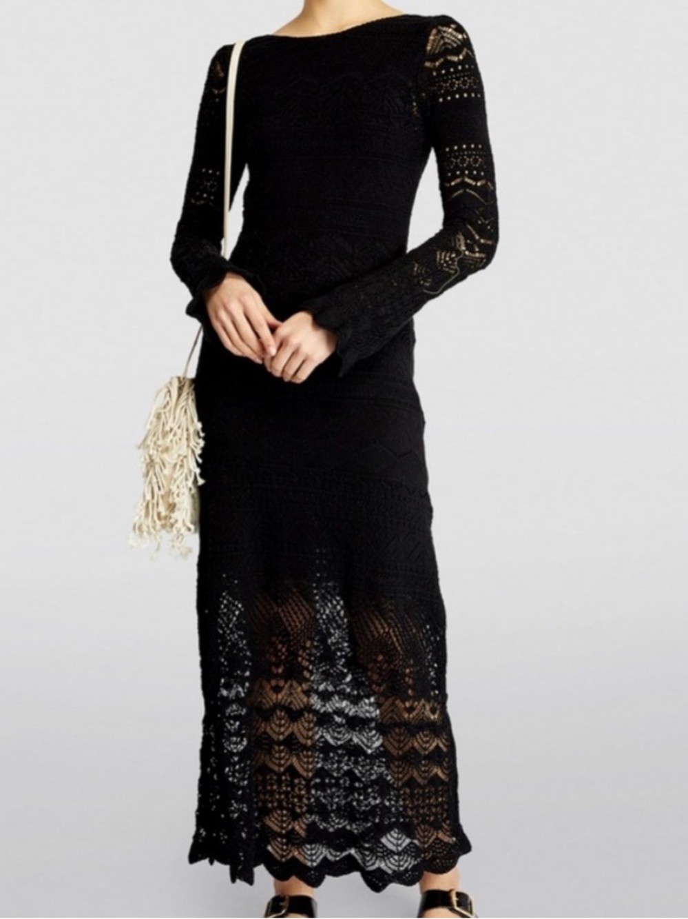 Maje Dress Womens 40(L)Black Crochet Knit Maxi Bell Sleeve Party Boho Evening